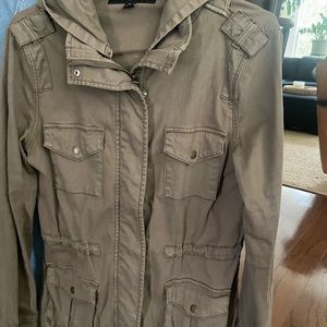 Army type jacket with removable hood